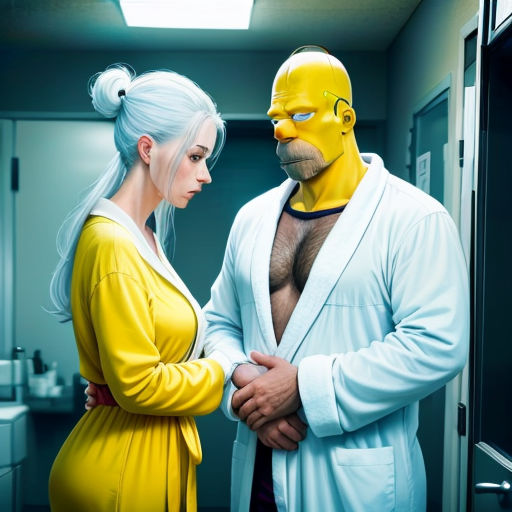 a man and a woman in a yellow dress are standing in a bathroom with a yellow mask on their face