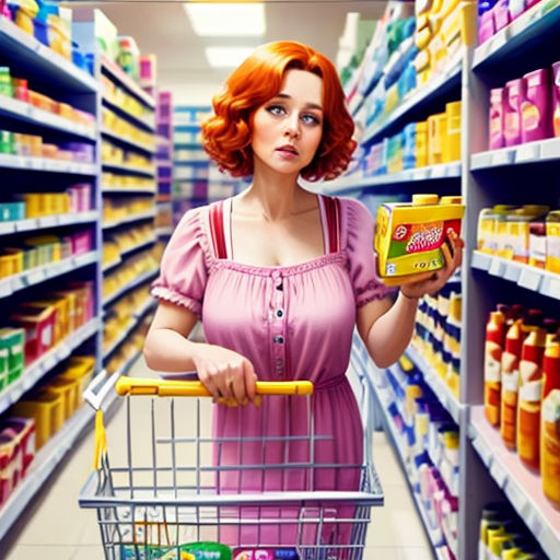 a woman holding a shopping cart in a grocery store aisle with a cart full of food and drinks in it