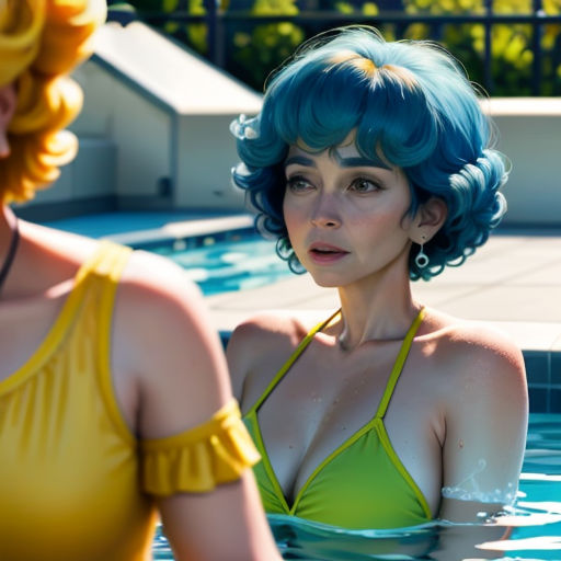 a woman in a yellow bikini in a pool with another woman in a yellow bikini top and a yellow hair