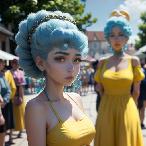 a group of women in yellow dresses standing next to each other on a street corner with people in the background