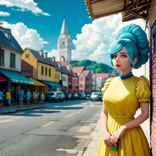 a woman in a yellow dress standing on a sidewalk next to a building with a clock tower in the background