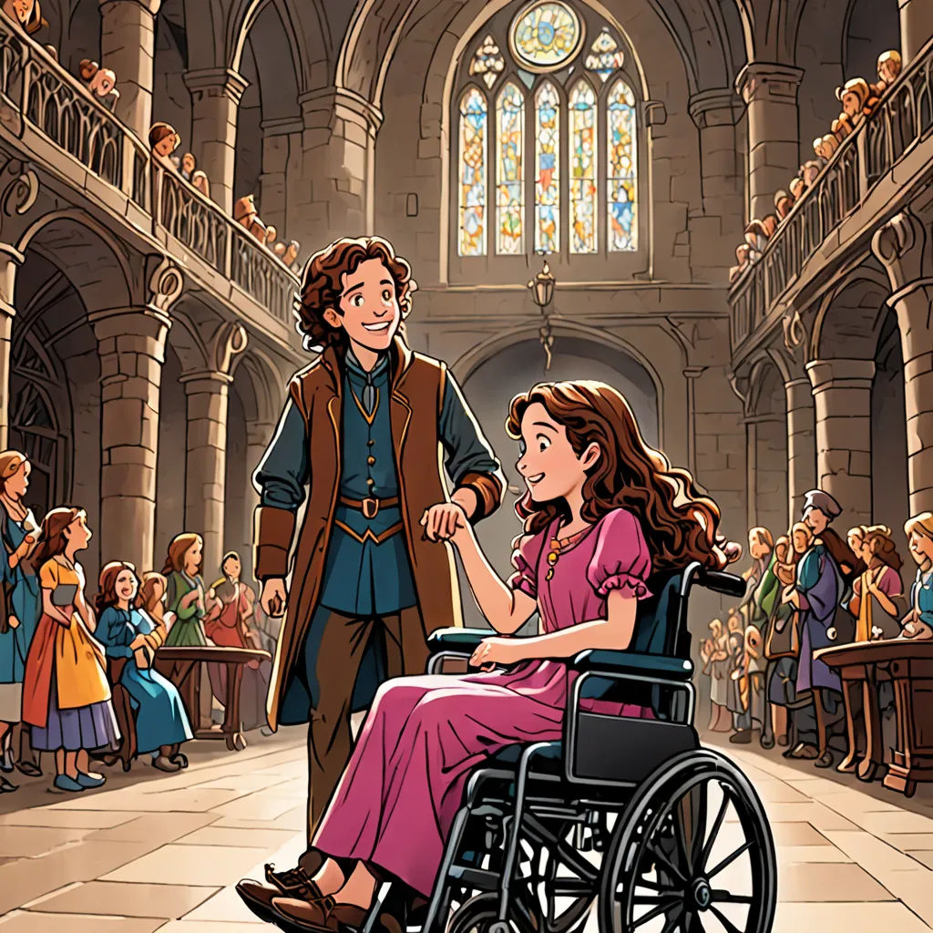 a cartoon of a man in a wheelchair being pushed by a woman in a pink dress in a large building, fantasy art, a storybook illustration, Ada Gladys Killins, comic cover art