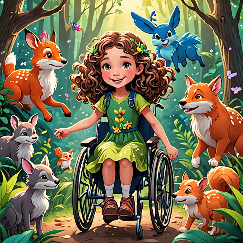 a girl in a wheelchair surrounded by animals in a forest with a forest background and a forest scene with a girl in a wheelchair, furry art, a storybook illustration, Cyril Rolando, storybook illustration