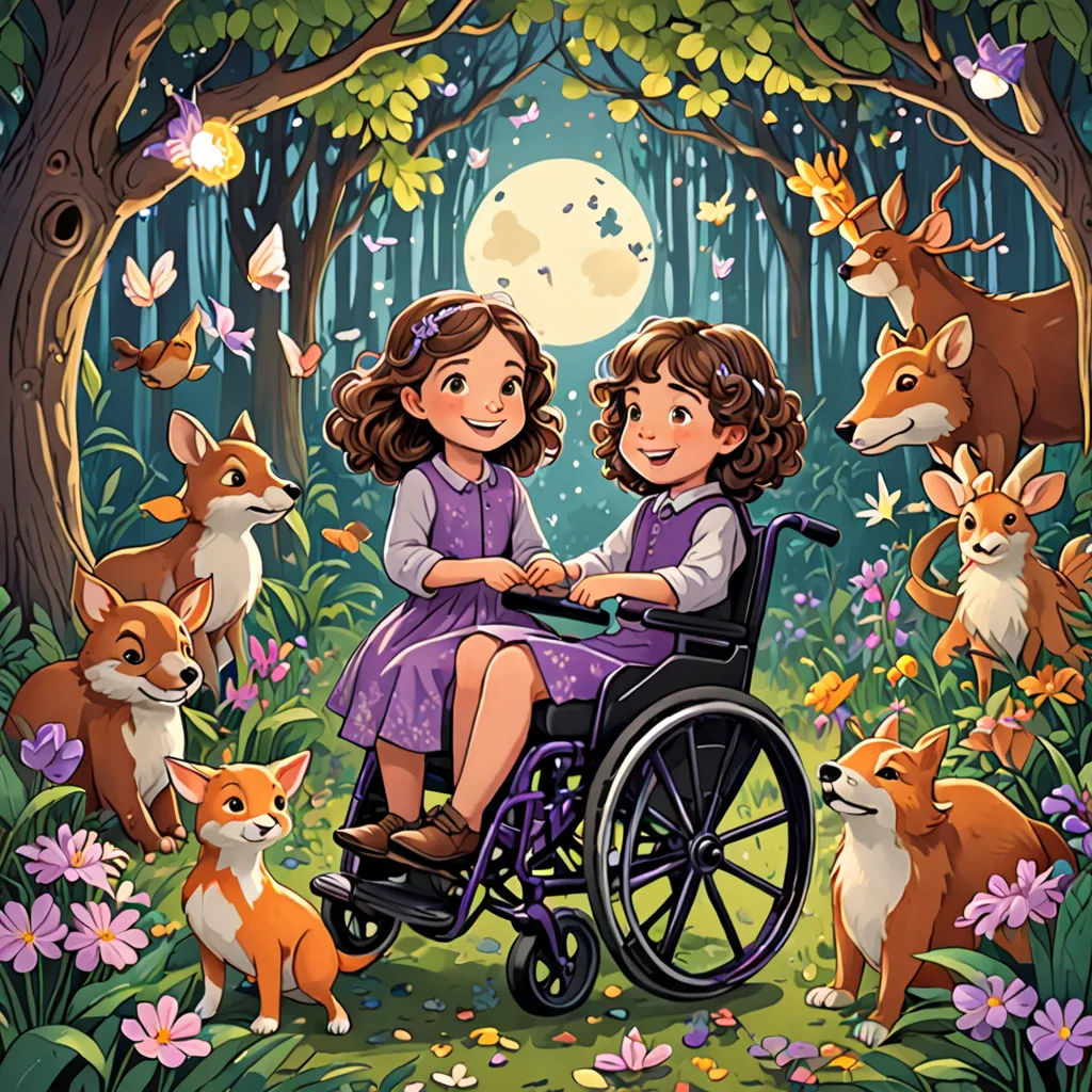 a girl in a wheel chair surrounded by animals and a forest with a full moon in the background and a forest scene with deers and a girl in the foreground, lyco art, a storybook illustration, Diego Gisbert Llorens, storybook illustration