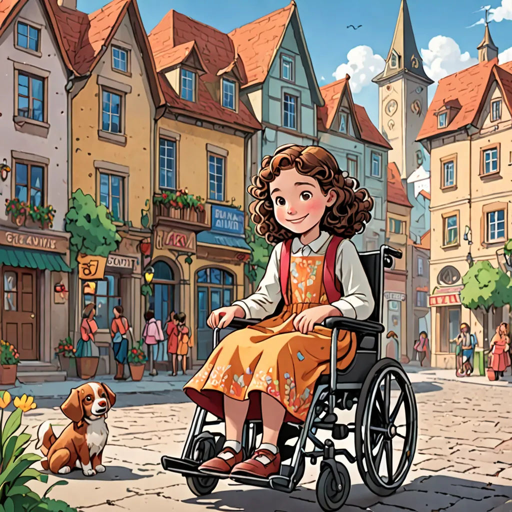 a girl in a wheelchair is sitting in front of a dog and a town street with a dog on the sidewalk, naive art, a storybook illustration, Claire Falkenstein, storybook illustration