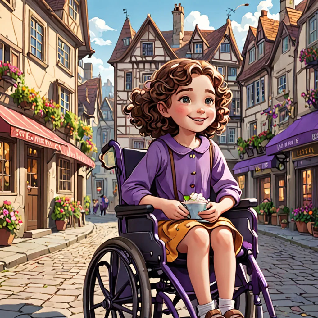 a girl in a purple dress is sitting in a purple wheel chair and eating a bowl of food in a small town, american scene painting, a storybook illustration, Cliff Childs, storybook illustration