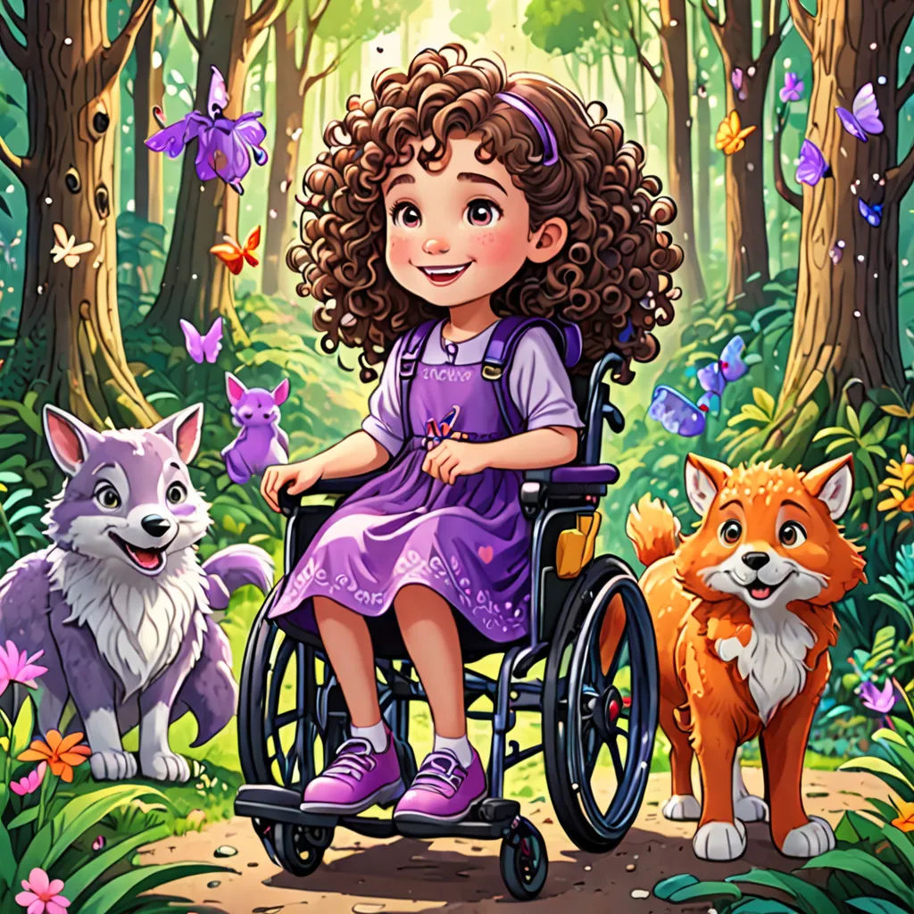 a girl in a wheelchair with two dogs in the forest with butterflies and butterflies around her, and a forest scene with a fox and a girl in a wheelchair, furry art, a storybook illustration, Alice Prin, storybook illustration