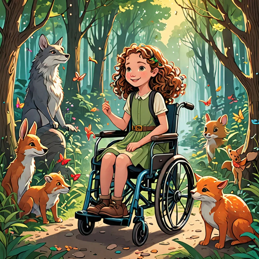 a girl in a wheel chair surrounded by animals in a forest with a fox and a fox on the other side, furry art, a storybook illustration, Elinor Proby Adams, comic cover art