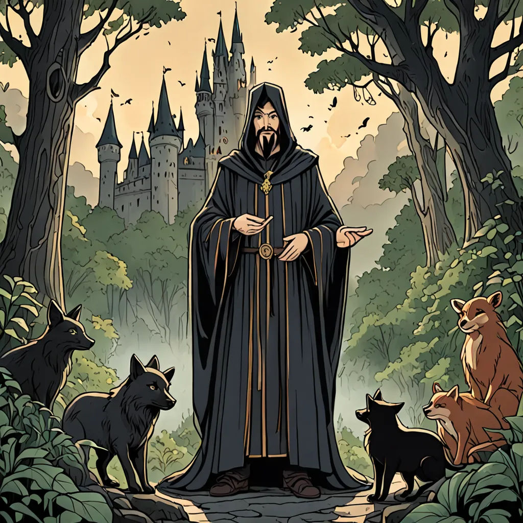 a man in a black robe surrounded by animals and trees with a castle in the background and a wizard standing in the middle, gothic art, a storybook illustration, Diego Gisbert Llorens, comic cover art