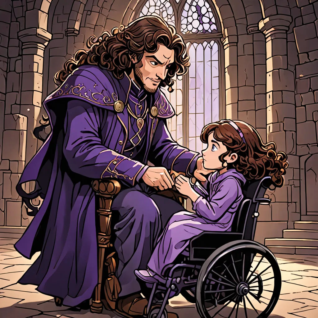 a man in a wheelchair with a little girl in front of him and a window behind him that has a stained glass window, fantasy art, a storybook illustration, Arthur Hughes, official art
