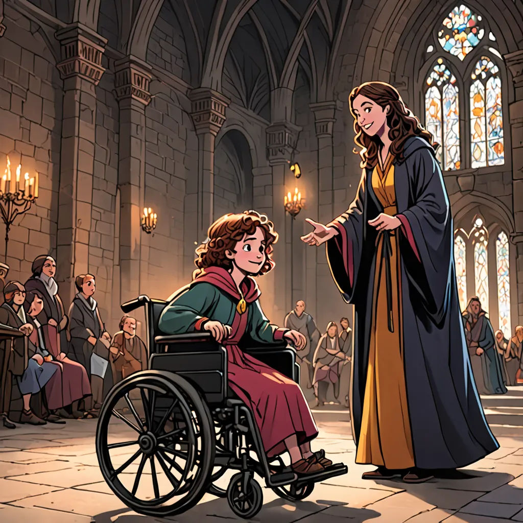 a woman in a wheelchair talking to a woman in a gown in a large room with people sitting around, fantasy art, a storybook illustration, Ada Gladys Killins, official art