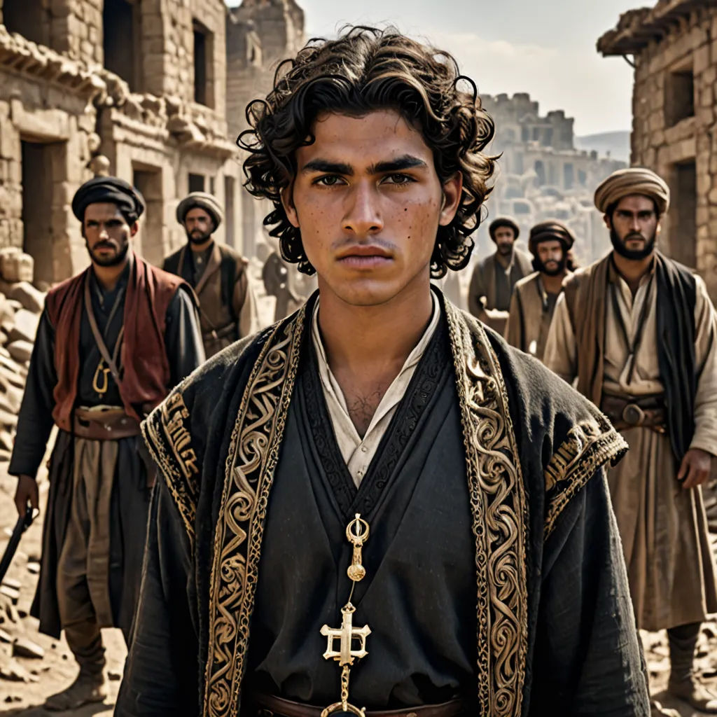 a man in a black outfit standing in front of a group of men in ancient egypt, with a cross on his chest, hurufiyya, a poster, Altoon Sultan, orientalism