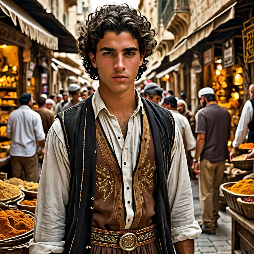a man in a costume standing in a market place with other people around him and a lot of food, hurufiyya, a character portrait, Altoon Sultan, orientalism