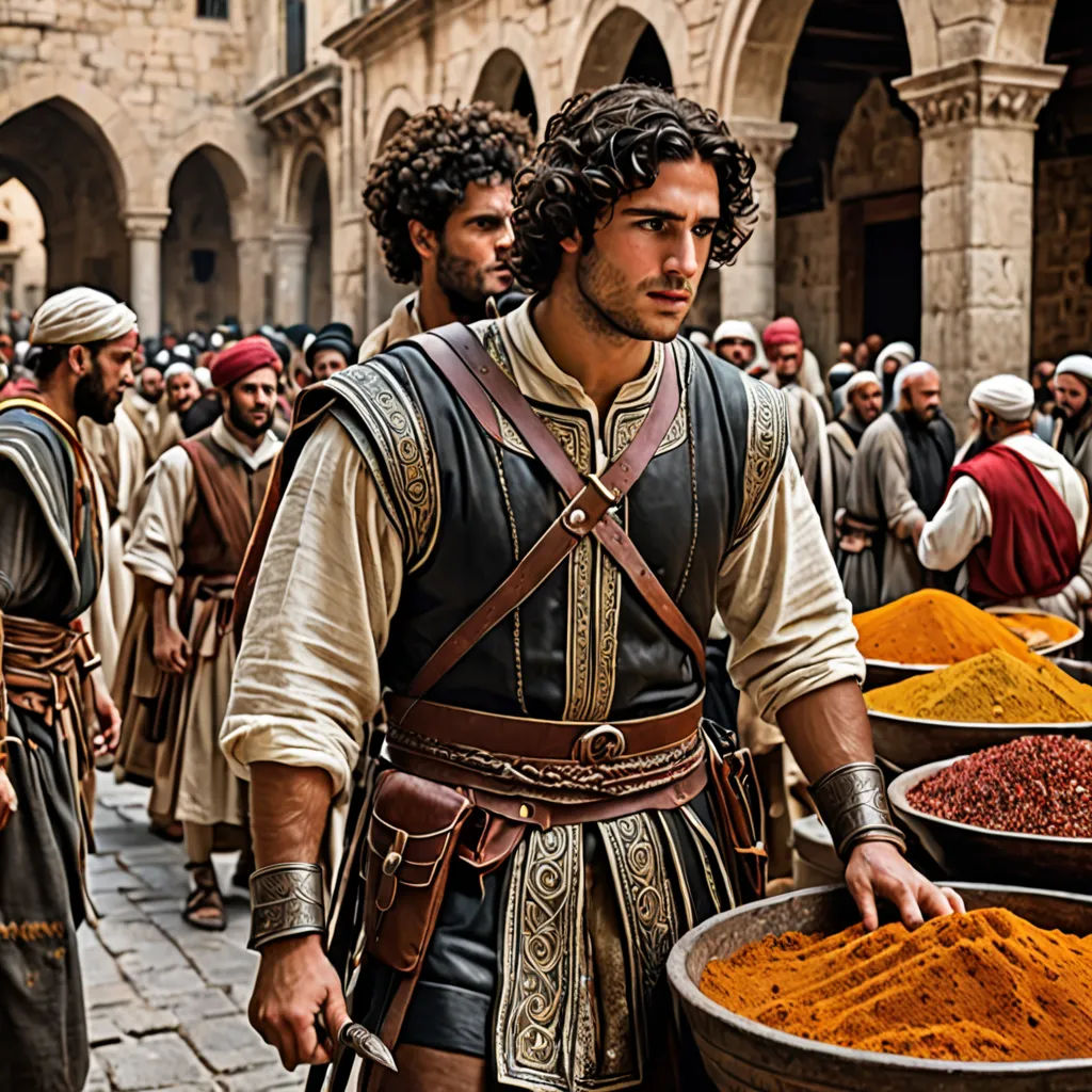 a man in a roman costume is holding a bowl of food in front of a crowd of people in a courtyard, romanesque, a detailed matte painting, Arthur Sarkissian, orientalism