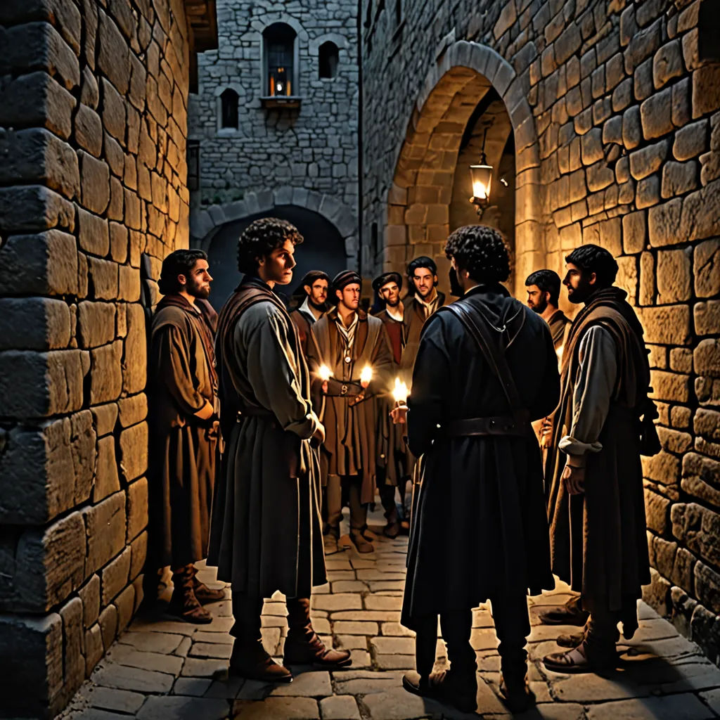 a group of people standing around a stone building with candles in their hands and one man holding a lit candle, mannerism, a detailed matte painting, Diego Gisbert Llorens, promotional image