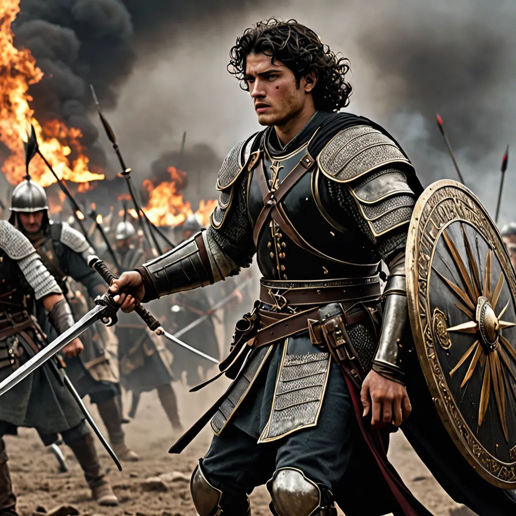 a man in a suit of armor holding a sword and a sword in his hand as a group of men in armor stand in front of a fire, antipodeans, a detailed matte painting, Daryush Shokof, weta digital