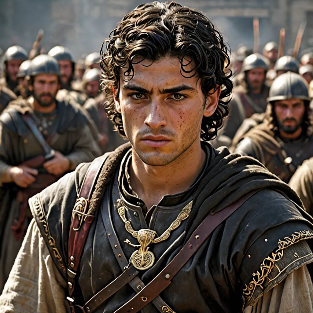 a man in a roman armor standing in front of a crowd of men in full armor and helmets,, antipodeans, a character portrait, Arthur Sarkissian, promotional image