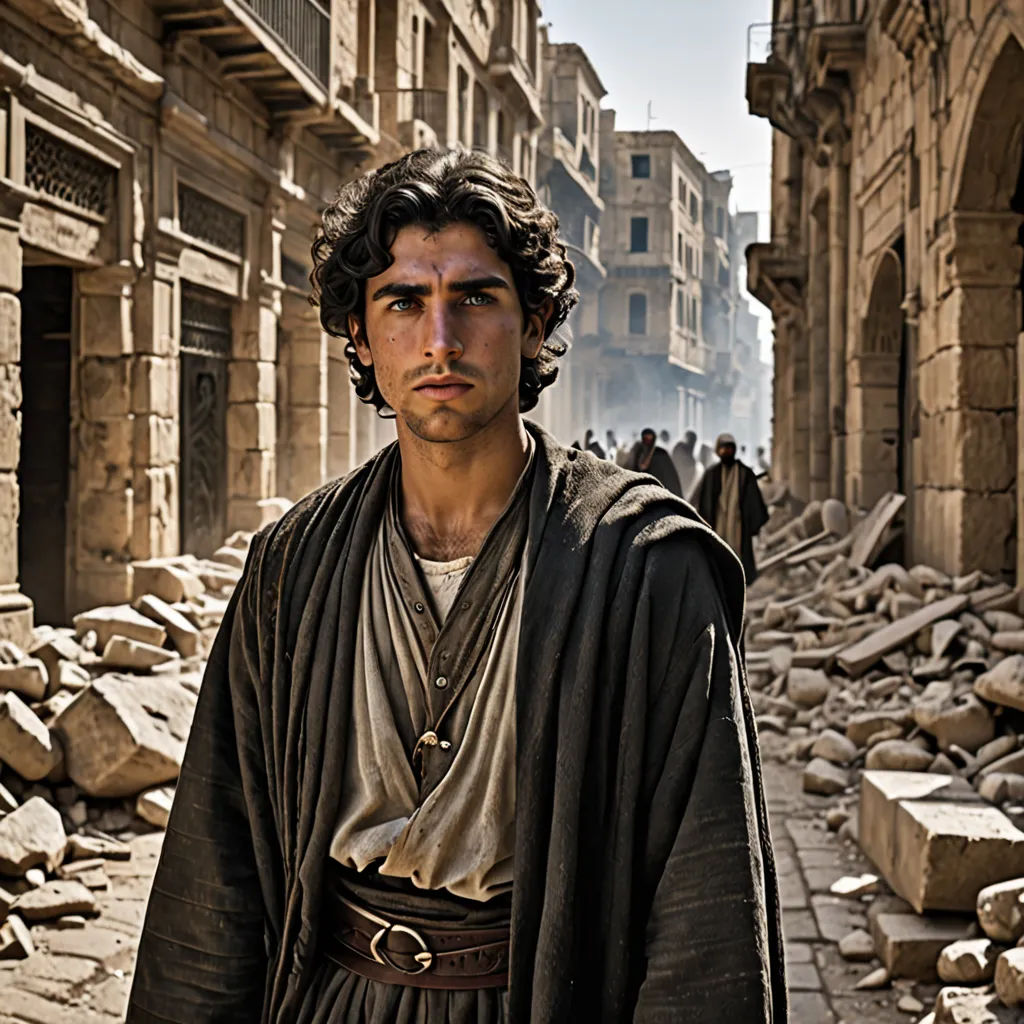 a man in a robe standing in a street with rubble and buildings in the background and a man with a beard, hurufiyya, a detailed matte painting, Ahmed Karahisari, orientalism