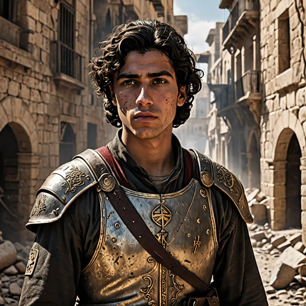 a man in a medieval outfit standing in a street with a stone building in the background and a stone archway, pre-raphaelitism, a character portrait, Altoon Sultan, promotional image