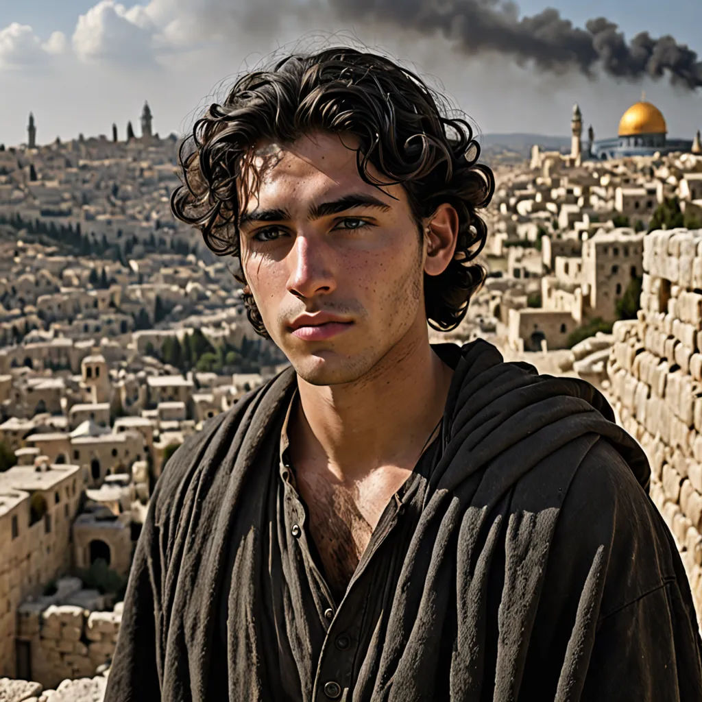 a man standing in front of a city with smoke coming out of the stacks of buildings and a dome, pre-raphaelitism, a detailed matte painting, Fathi Hassan, promotional image