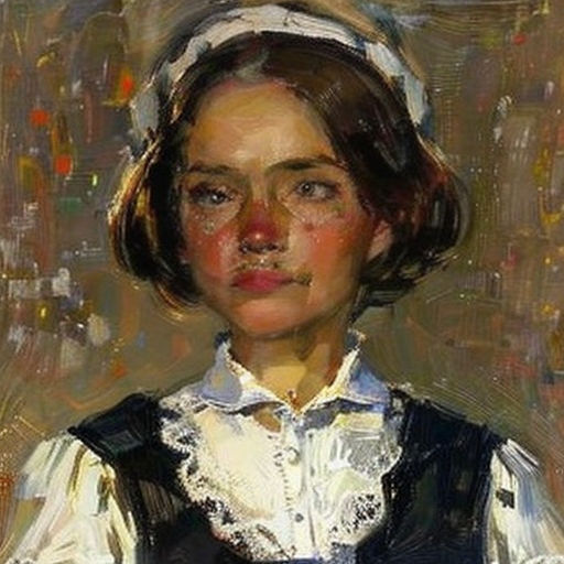 a painting of a girl with a white shirt and black vest and a white headband on her head