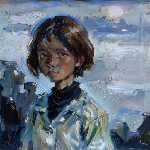 a painting of a woman in a white jacket and black shirt standing in front of a cityscape