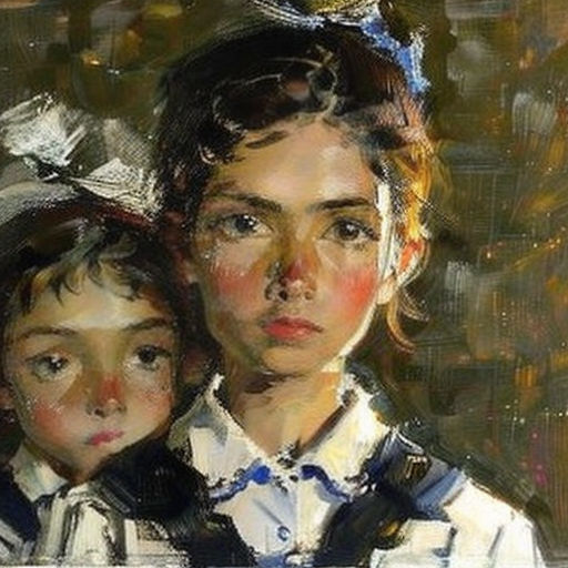 a painting of two children with a bird on their head and a bird on their head, one of them is holding the other