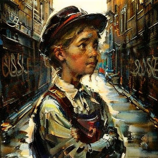 a painting of a boy in a hat and jacket on a city street with buildings and a street sign