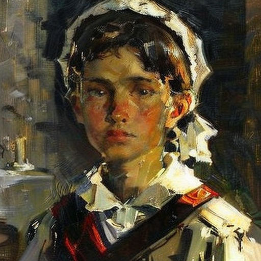 a painting of a woman in a white dress and a black hat with a red ribbon around her neck
