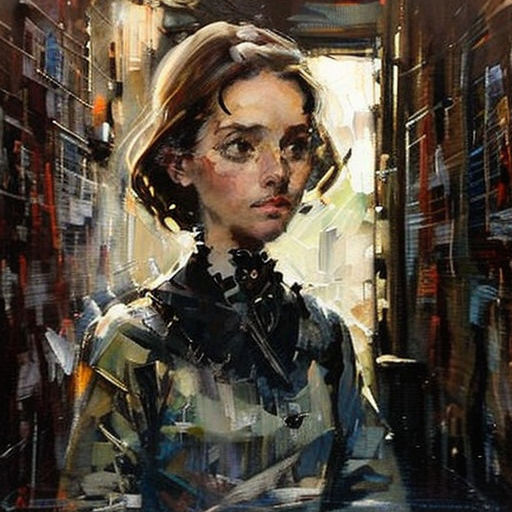 a painting of a woman in a library with bookshelves in the background and a clock on the wall
