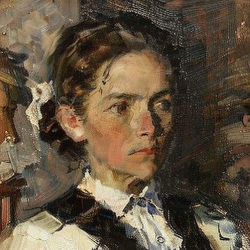 a painting of a woman in a white shirt and black jacket with a white collar and a black and white striped shirt