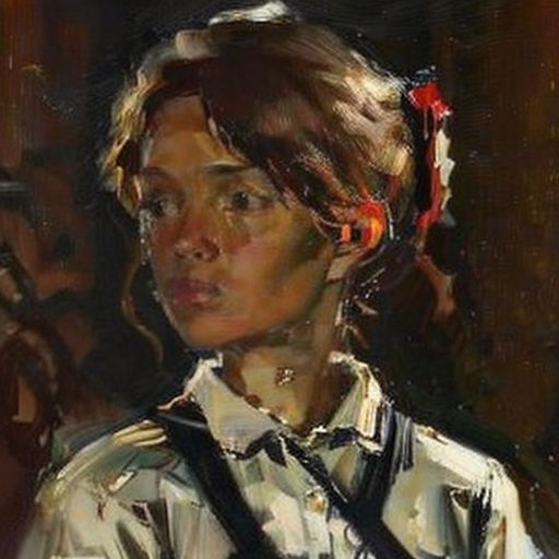 a painting of a woman with a camera in her hand and a man in the background with a camera