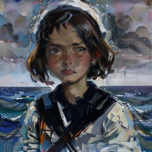 a painting of a young girl in a life jacket in the water with a cloudy sky behind her and a blue and white background