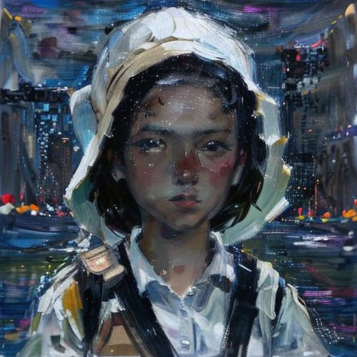 a painting of a woman in a white hat and a cityscape in the background with buildings and lights