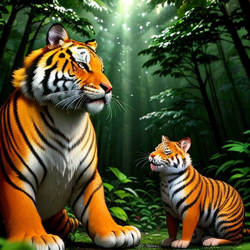 a tiger and a cub are sitting in the woods together, with a bright light shining through the trees