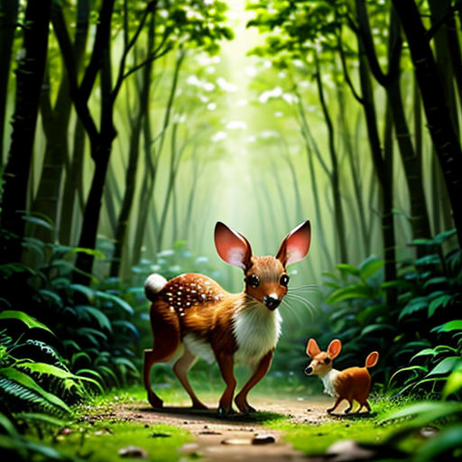 a deer and a baby deer in a forest with sunlight streaming through the trees and leaves on the ground