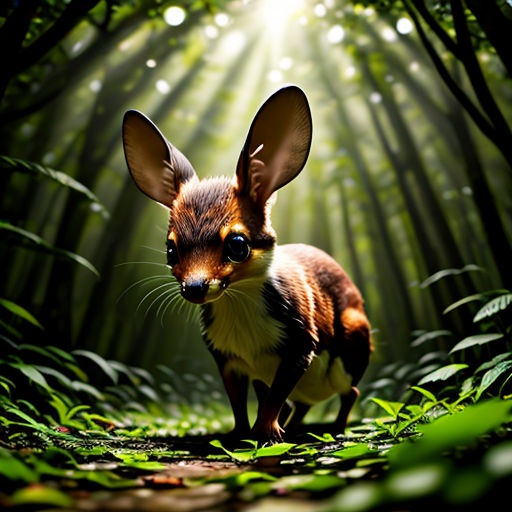 a small animal standing in the middle of a forest filled with green leaves and grass, with a bright light shining through the trees