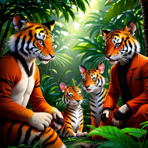 a man sitting next to two tigers in a forest with a baby tiger in his lap and another tiger in the background