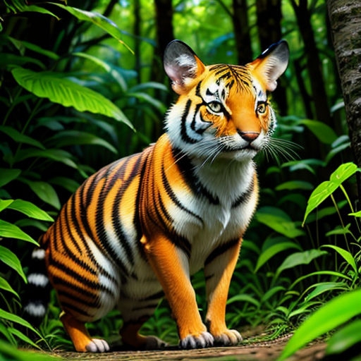 a tiger standing in the middle of a forest with trees and plants around it, looking at the camera