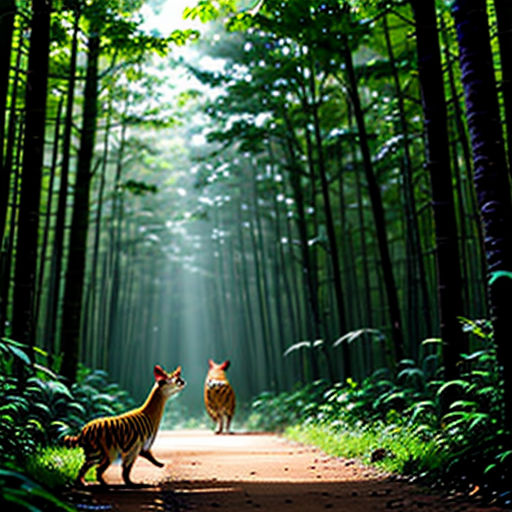 two tigers walking down a path in the woods with sunlight streaming through the trees behind them and a light shining through the trees