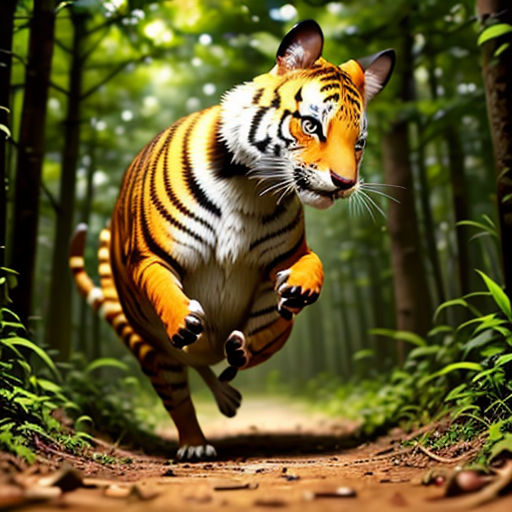 a tiger running through a forest filled with trees and grass, with a path leading to the camera and a forest behind it