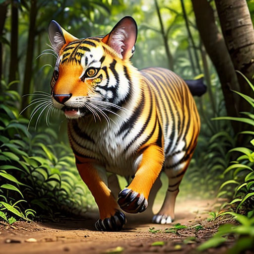a tiger running through a forest with trees and grass in the background, with a path leading to the camera