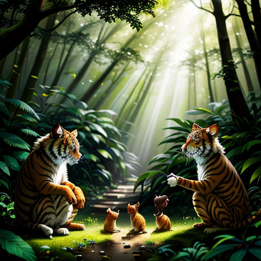 a painting of two tigers and a baby tiger in a forest with sunlight streaming through the trees and leaves