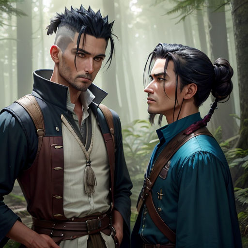 a man and a woman standing in the woods together, with a forest background and fog in the background