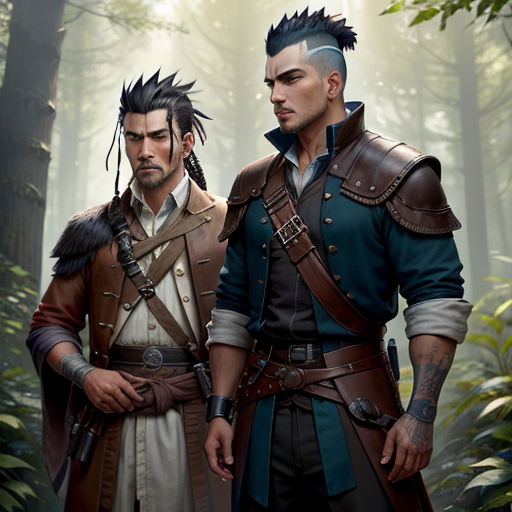 two men in medieval costumes standing in a forest with trees and foliage behind them, one of them is wearing a mohawk