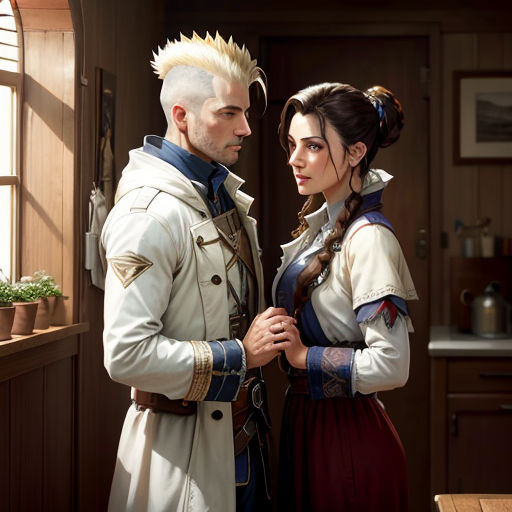 a man and a woman dressed in medieval costumes standing next to each other in a kitchen area with a potted plant