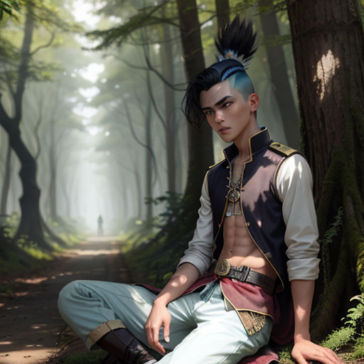 a man with a mohawk sitting on a tree trunk in the woods with a forest path behind him and a person standing in the distance