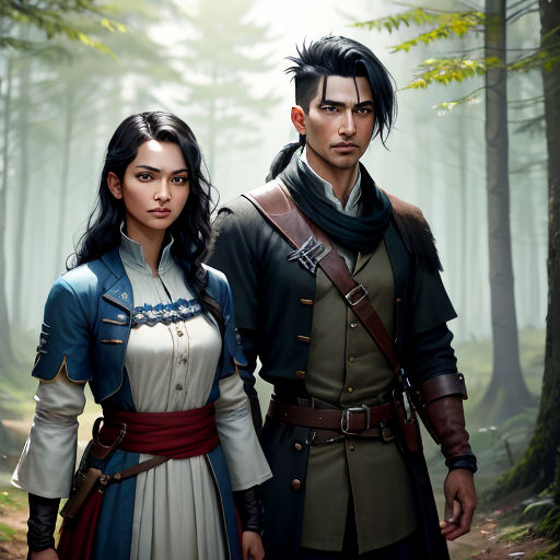 a man and a woman standing in a forest next to each other, both wearing medieval clothing and holding swords
