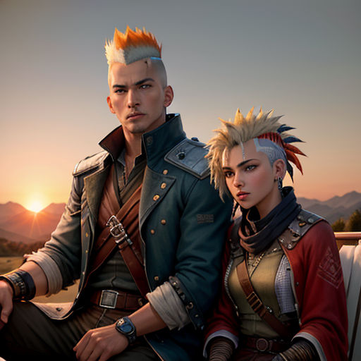 a couple of people sitting next to each other on a bench in front of a sunset and mountains behind them