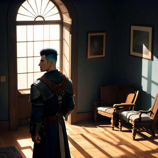 a man in a room with a chair and a window in it and a chair in the corner of the room